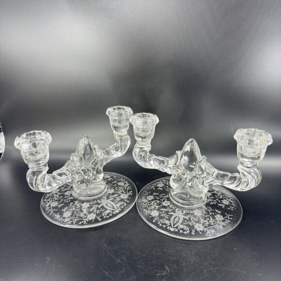 New Martinsville Prelude Double Candle Holder Clear Fostoria Manganese 365nm UV - Picture 15 of 15
